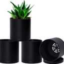 D'vine Dev 4 Pack 5 Inch Modern Plastic Plant Pots, Small Garden Planters for Plant with Drainage Holes and Saucers, Black Color, 74-Y-G-2