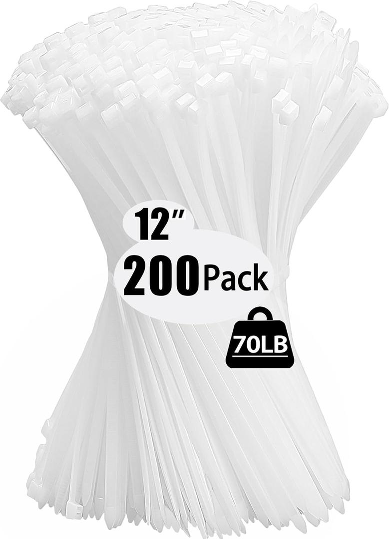 200 Pack Zip Wire Ties 12 Inch Cable Zip Ties Clear Tie Wraps with 70 Pounds Tensile Strength, Self-Locking Cable Ties, UV Resistant Thick Nylon Wire Ties for Indoor and Outdoor White