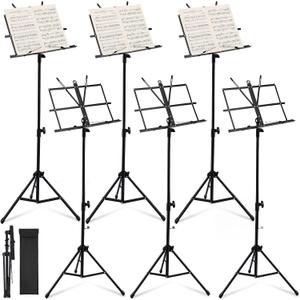 Threehoney 6 Pack Portable Folding Music Stand with Carrying Bags, Dual Use Metal Desktop Book Holder, Adjustable Height 25.659", Stable Tripod for Musicians, Students & Band(Black)