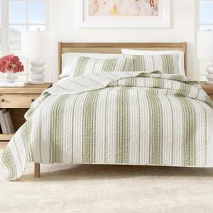Full/Queen Reversible Quilt Bedding Set - All Season, Modern, Lightweight Bedspreads - White and Green Striped Coverlets (Includes 1 Quilt, 2 Pillow Shams)