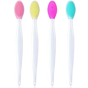 4 Pieces Silicone Exfoliating Lip Brush Tool Double-sided Soft Lip Brush for Smoother and Fuller Lip Appearance (Rose Red, Yellow, Mint Green, Pink)