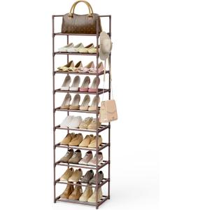 Tall 10 Tier Shoe Rack - 20-24 Pair Storage, Sturdy Metal Shoe Organizer with Hooks for Closet, Entryway, Brown