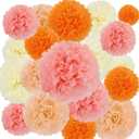 BestoFun 16Pcs Pink & Orange Party Decorations - Pom Poms, Paper Flowers & Boho Groovy Decorations for Fall, Autumn, Thanksgiving, Birthday, Baby Showers & Weddings