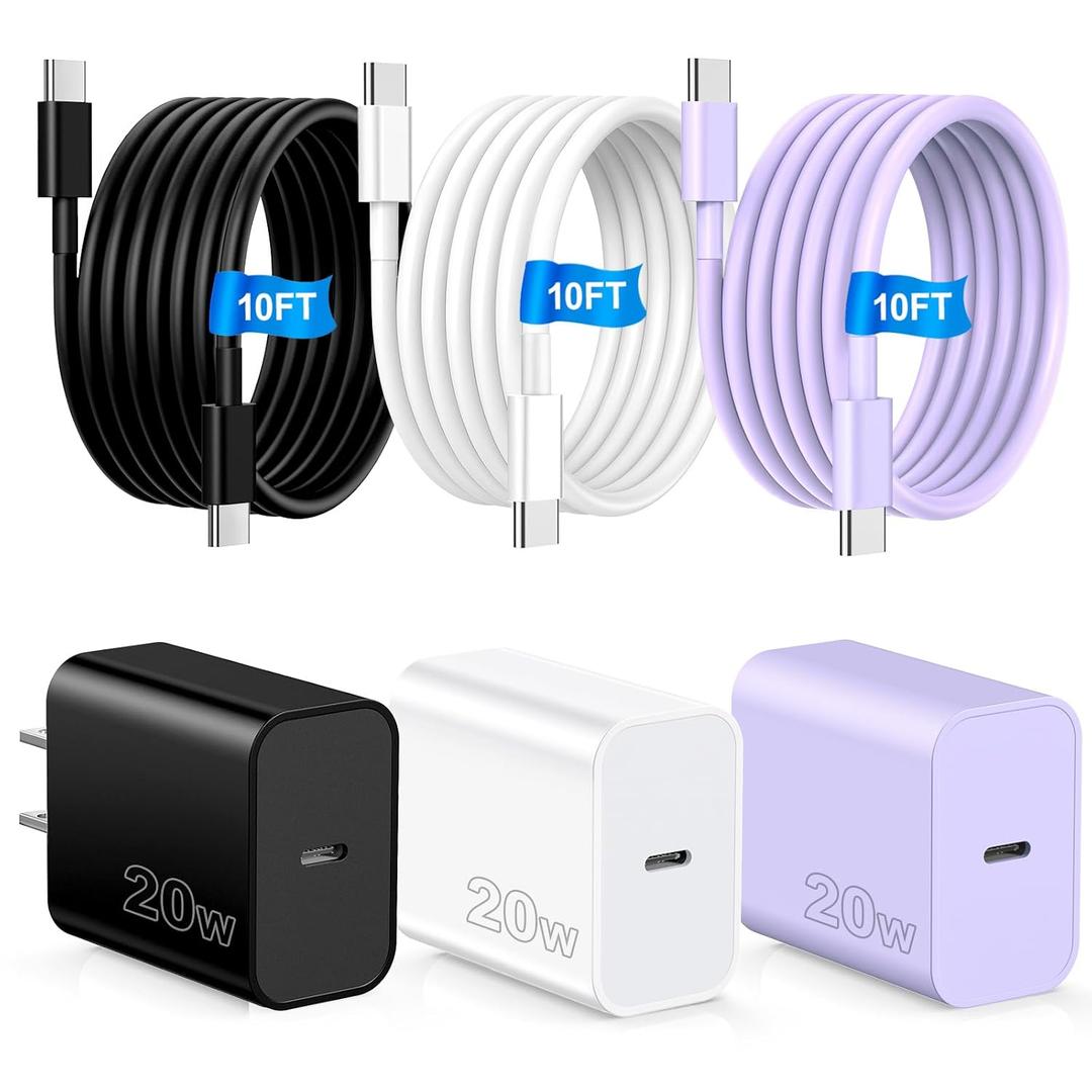 Compatible with Phone 16 15 Fast Charger,20W PD USB C Wall Chager 3 Pack with 10FT USB C to C Fast Charging Cords Compatible with Phone 16/15 Pro/Plus/Pro Max,Samsumg S24/23
