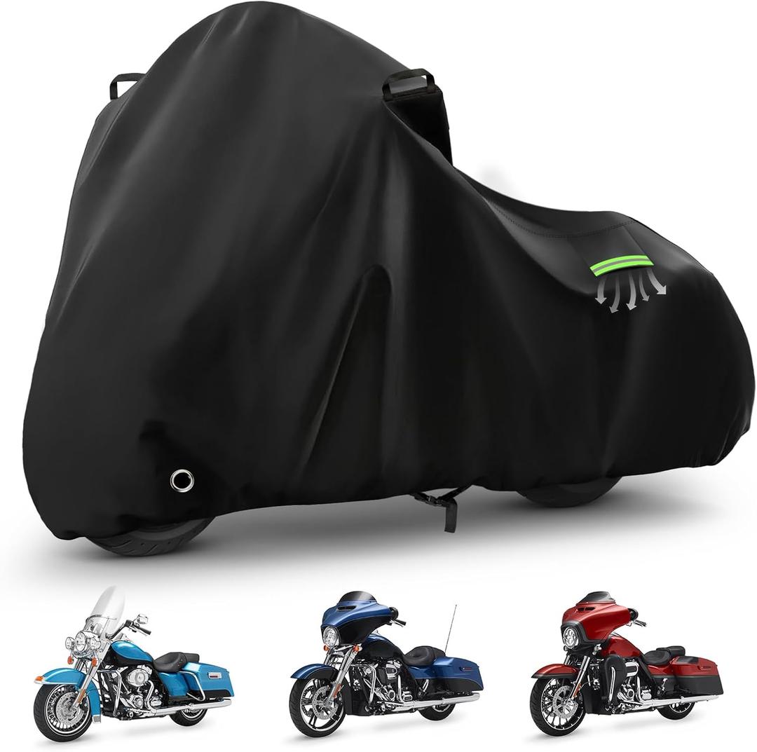 Motorcycle Cover Waterproof for Touring Models Road King/Road Glide/Street Glide/Electra Glide, Heavy Duty Sun UV Rain Snow Outdoor Protection Motorbike Cover with Soft Cotton Lining & Lock Hole