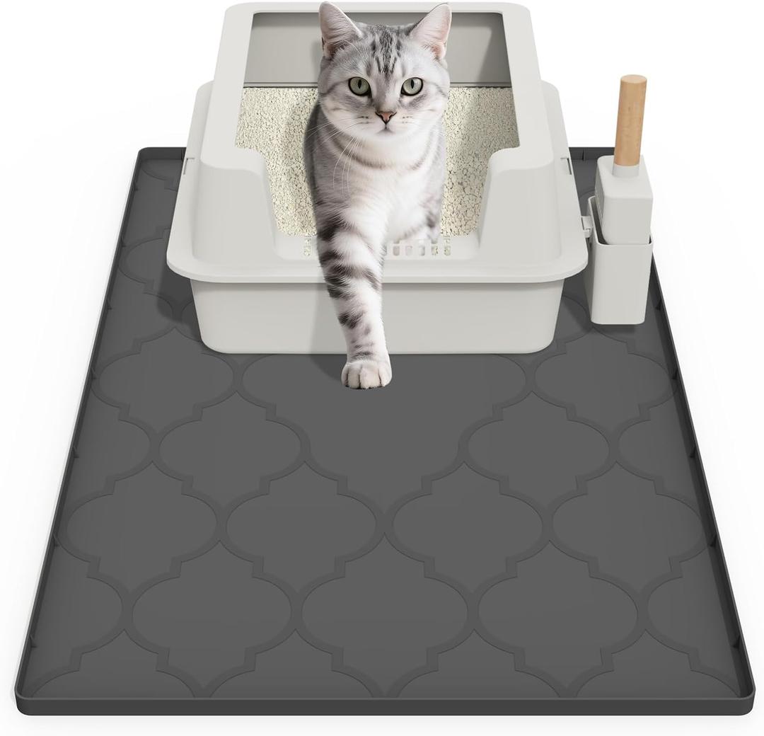 Cat Mat for Litter Box, 34" X 22" Large Silicone Cat Litter Trapping Mat, Easy Clean for Scatter Control, Soft on Kitty Paws, Waterproof, Urine-Proof, Non-Slip Kitty Litter Mat for Floor, Black (Pack of 1)