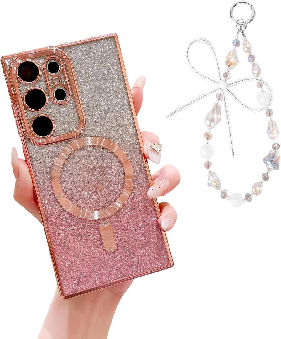 Designed for Samsung S25 Ultra Case Magnetic Glitter with Wrist Strip Compatible with MagSafe, Luxury Plating Heart Shockproof Protection Phone Case Clear Cover for Women Girls - Pink