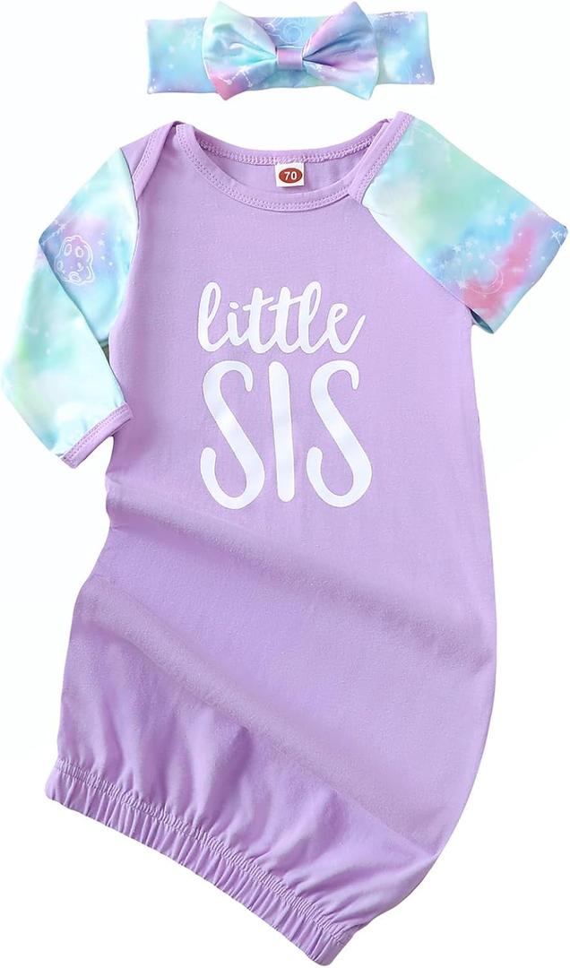 AMAWMW Newborn Baby Girl Little Sister Sleeper Gown Stripe Long Sleeve Nightgown Pajamas Gifts Stuff Essential Outfit (0-6 Months, K Purple Tie Dye Sleeve)