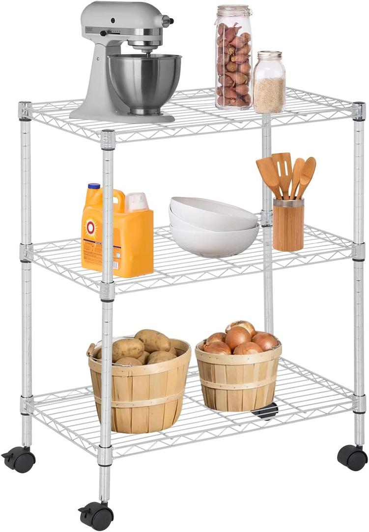 FDW 3 Tier Wire Shelving Metal Storage Shelves 23L x 13W x 32H Layer Storage Shelves with Wheels for Kitchen Garage Small Places,Chrome, 231332