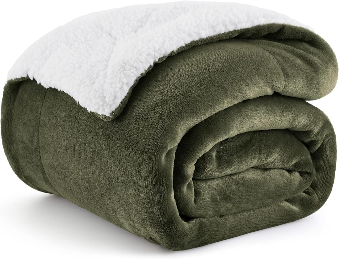 Bedsure GentleSoft Sherpa Fleece Throw Blanket for Couch - Thick and Warm Throw for Women and Men, Soft Fuzzy Plush Throw Blanket for Winter, Non-Heated, Olive Green, 50x60 Inches