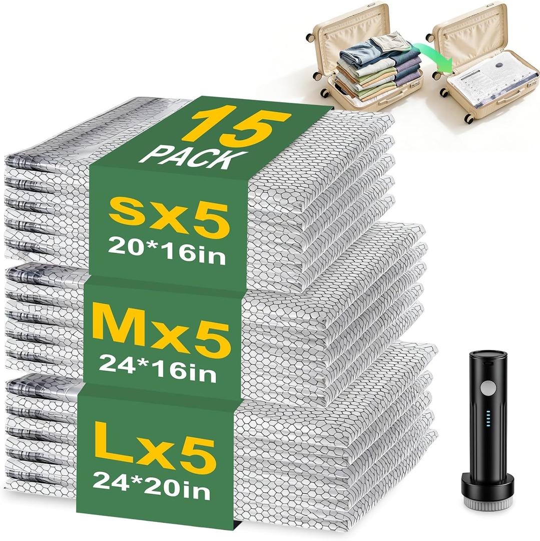 Vacuum Seal Bags for Clothing with Wireless Electric Pump - Travel & Home Use, 15 Pack Ideal Space Saver Vacuum Storage Bags, Travel Vacuum Bags for Luggage