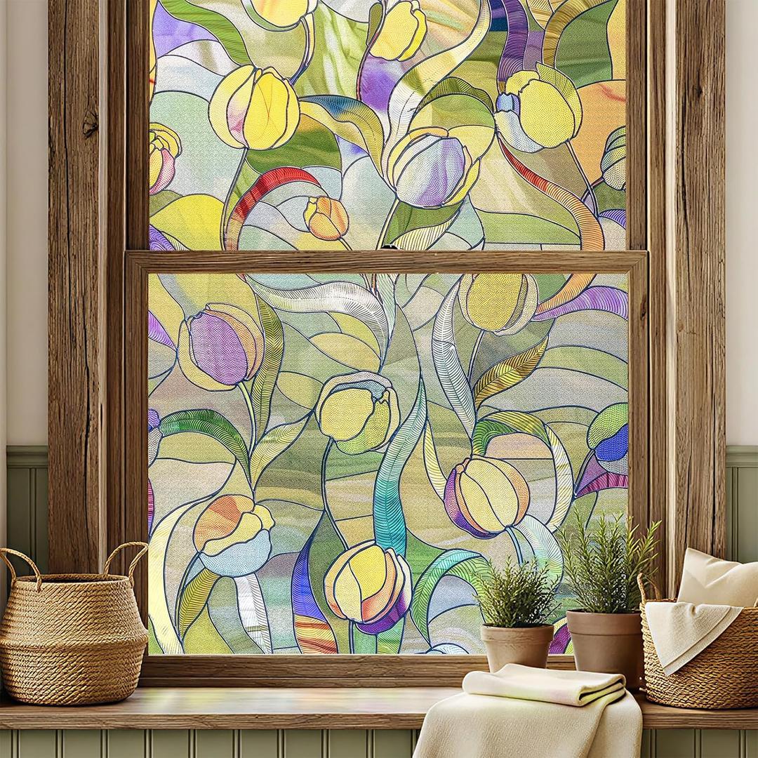 3D Stained Glass Window Film, Decorative Window Privacy Film for Bathroom,Front Door,Home, Sun Blocking Heat Control,Static Cling, Moonlight Tulip, 23.6inch x 35.4inch