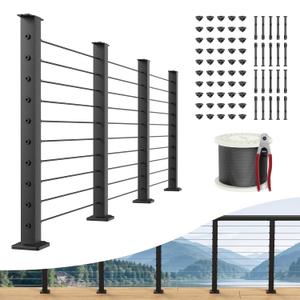 BLIKA 12FT-20FT Complete Set 36" Cable Railing Post Kit, Black Level Drilled Deck Railing Post, Swageless Cable Railing System Include 4Pack Level Posts, 1/8" 300FT Stainless Steel Cable (No Handrail)
