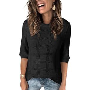 Dokotoo Women's Casual Short Sleeve Loose Tunic Tops Lightweight Crochet Knit Summer Sweaters Blouses (Black, L)
