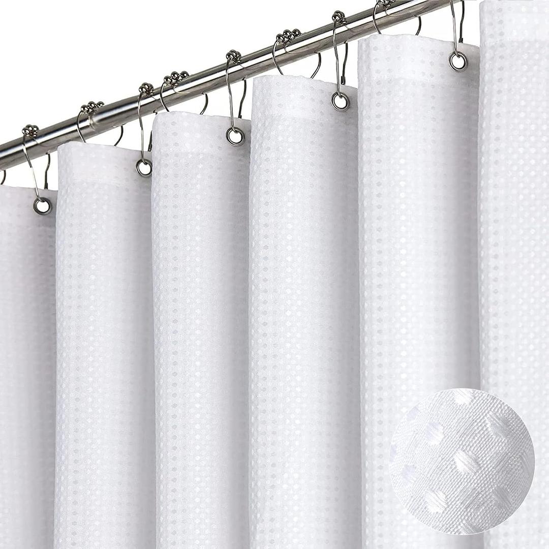 Dynamene Extra Long Fabric Shower Curtain - Waffle Weave 84 Inches Long Heavy Duty Cloth Shower Curtains for Bathroom, 256GSM Tall Hotel Luxury Bath Curtain Set with 12 Plastic Hooks(72Wx84H, White