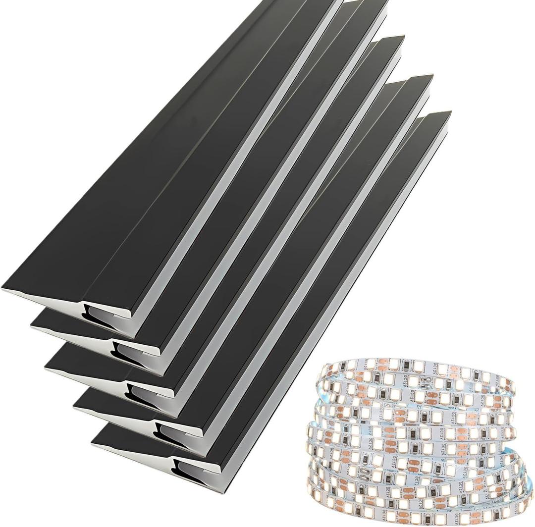 JARBIH 5Pack 1M/3.3ft Ultra-Thin Led Aluminum Profile, 45 Oblique Lighting Cabinet LED Lamp, Invisible H7mm Surface Mounted Wardrobe Layer Shelf Panel Hard Bar Strip Light Channel System(Black)
