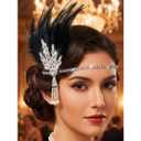 Aukmla 1920s Flapper Feather Headband Leaf Rhinestones Headpiece Pearl Roaring 20s Headdress Hair Accessories for Women (Black Silver, One Size)