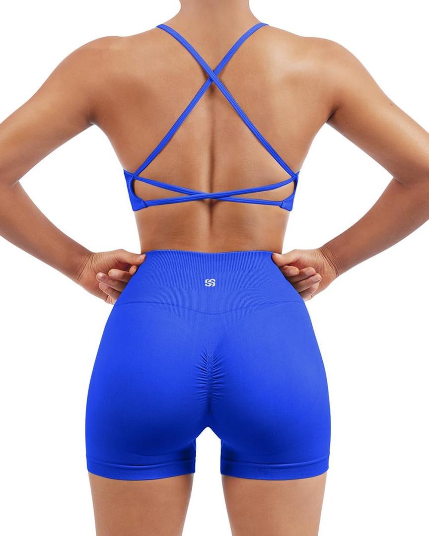 SUUKSESS Women Seamless Workout Sets Strappy Sports Bra High Waist Booty Shorts Outfits (6-8, #1 Royal Blue)