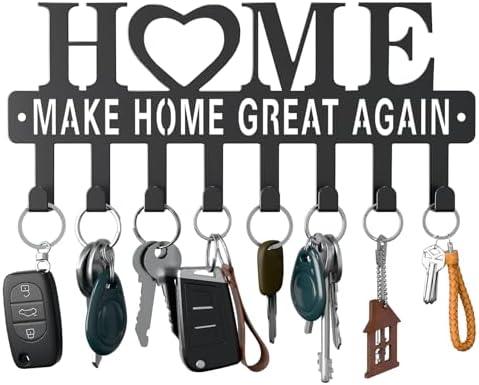 Jovirandoz Metal Key Holder for Wall, 8 Hooks Key Rack Organizer, Wall Mounted Key Hanger with Screws, Key Hooks for Entryway, Kitchen, Hallway, Office, Garage, Make Home Great Again set of 2
