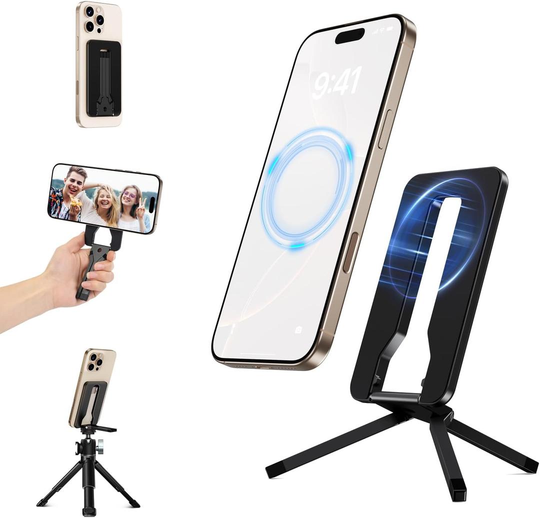 elitehood Magnetic Mini Tripod for iPhone, Lightweight Aluminum Phone Tripod Stand for Travel & Recording, Angle Adjustable, Small Design, Compatible with Magsafe iPhone 16/15/14/13/12 Series