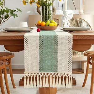 7 x OTOSTAR Boho Table Runner 12x72 Inch Macrame Table Runners with Tassels 72 Inches Long Rustic Farmhouse Table Runner for Living Room Kitchen Dining Room Home Decor (Green)