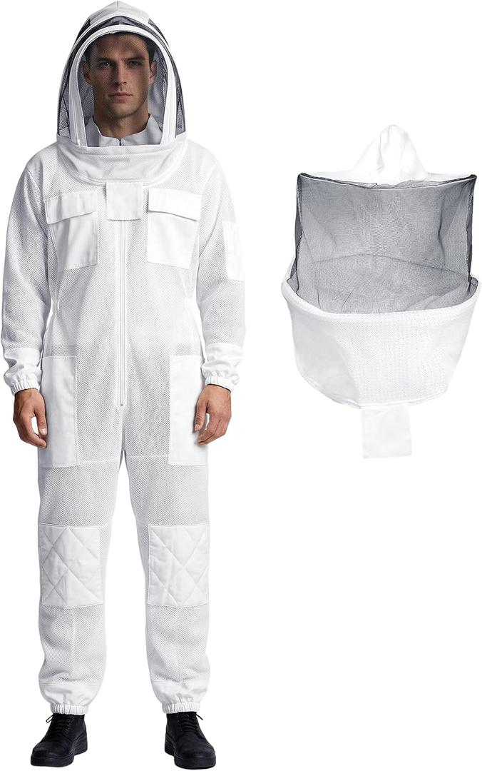 3 Layer Mesh Ventilated Beekeeping Suits Professional Ultra Ventilated Bee suit Premium Beekeeping Suit with Two Detachable Beekeeping Veils for Men Women, Large