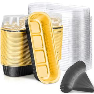 Mini Loaf Baking Pans with Lids and Spoons (50 Pack, 6.8oz) Rectangle Aluminum Foil Baking Pans Tins Containers - Cupcake Containers Wrappers Cheesecake Creme Brulee Ramekins (Black & Gold)