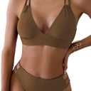 Fanuerg Women's Sexy V Neck Bikini Sets Hollow Out Two Piece Swimsuits Cutout Mid Waist Bathing Suit (Large, Brown)