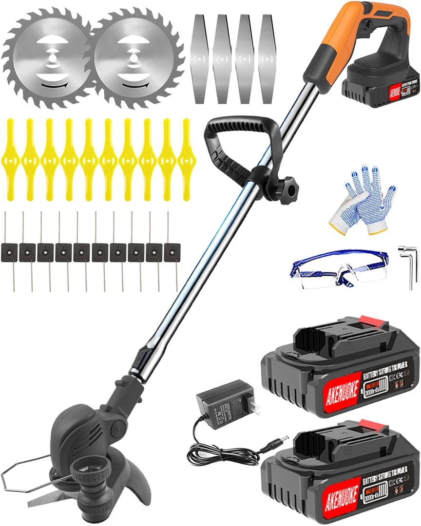 Electric Weed Wacker Eater Cordless, 21V Battery Powered Weed Wacker Eater with 2X 2.0Ah Battery Operated and Charger, 3 Types 26Pcs Blade, Lightweight Weed Trimmer/Brush Cutter/Edger for Garden Yard