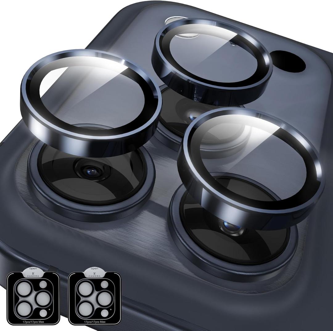 YWXTW Camera Lens Protector for iPhone 17 Pro/iPhone 17 Pro Max, [1 Step Installation Tray] Tempered Glass Screen Protector Metal Individual Camera Cover Accessories Case Friendly (Deep Blue-2Pack)