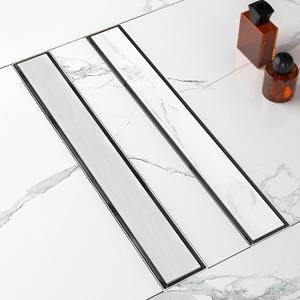 24-Inch Linear Shower Drain with Tile Insert Grate, SUS 304 Stainless Steel Linear Drain, Brushed Nickel Long Rectangle Shower Floor Drain with Leveling Feet, Hair Strainer, Fits Bathroom
