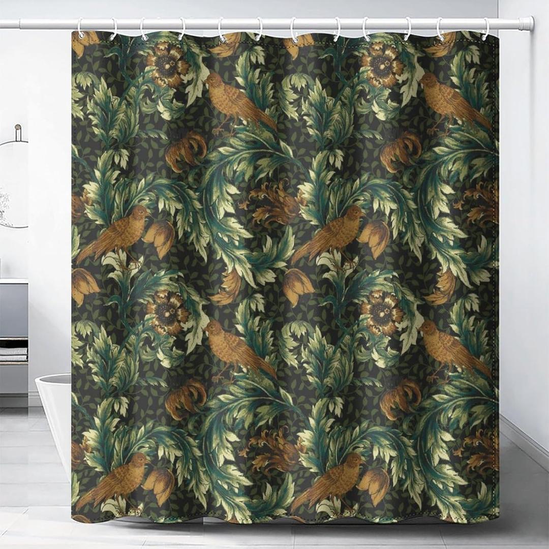 William Morris Style Shower Curtains,Mid Century Vintage Birds Flower Abstract Art Print Shower Curtains for Bathroom Decor Fabric Waterproof Upholstery Hook 72x72in