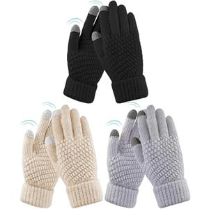 Womens Touch Screen Gloves Winter Warm Knit Fleece Lined Gloves Elastic Cuff Texting Mittens Gifts (A-3 Pairs(beige/Light Grey/Black))
