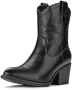 IXU Cowboy Boots for Women Ankle Cowgirl Booties Wide Mid Calf Pointed Toe Western Boots Short Chunky Classic Booties, Size 9,5