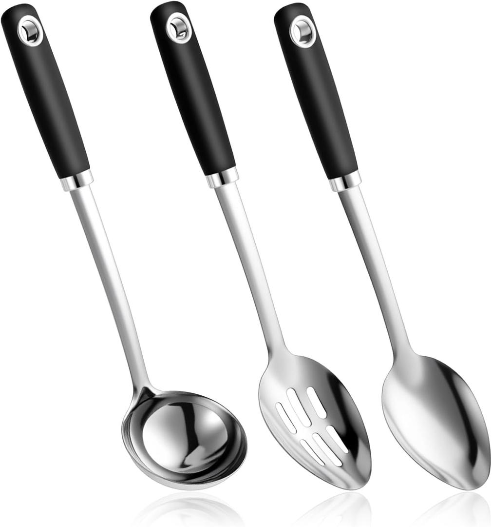 3-Piece 14-Inch Stainless Steel Spoons for Cooking Set, Big Spoons for Cooking with Slotted/Solid/Soup Ladle, Commercial-Grade Metal Utensils for Home & Professional Use