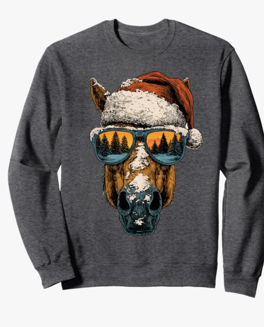 Horse with Sunglasses Snow Santa Hat Snowy Christmas Animal Sweatshirt, Grey, Size L
