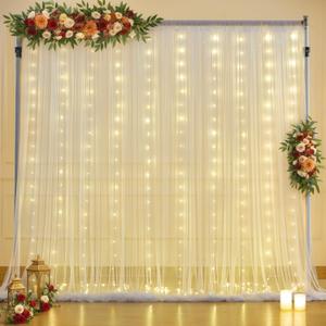 10x10ft White Tulle Backdrop Curtain with Lights String for Parties Wedding Twinkle Sheer Backdrop Curtains for Bridal Shower Birthday Party Baby Shower Photo Booth Decorations