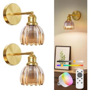 NIORSUN Battery Operated Wall Sconce Set of 2, Amber Wireless Rechargeable Wall Lights with 5200mAh Dimmable Detachable Bulbs and Remote, 9 Colors Sconces Wall Decor for Bedroom Living Room Hallway