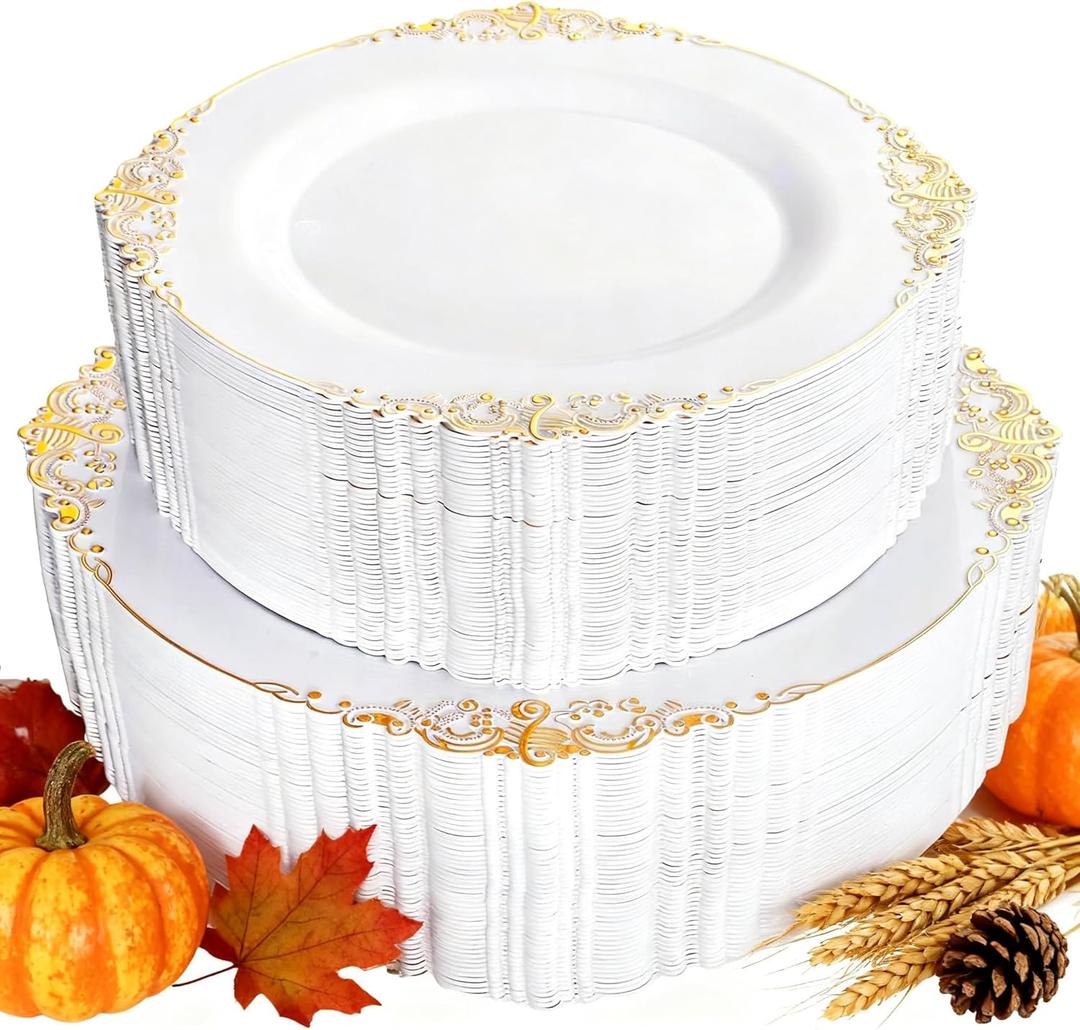 102PCS White and Gold Plastic Plates - Heavy Duty Gold Disposable Plates Include 51PCS 7.5inch Dessert Plates, 51PCS 10.25inch Dinner Plates for Christmas & Thanksgiving Parties