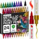 ARTISTRO 24 Metallic Acrylic Paint Markers - Paint Pens for Drawing, Brush + Fine Tips - For Fabric, Rock, Glass, Wood, DIY, Craft, Canvas - Art and Craft Supplies for Adults, Teens, Kids