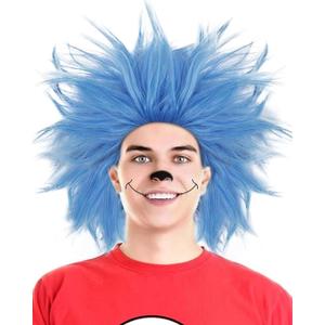 ANOGOL Hair Cap+ Blue Crazy Wig, Unique Spiky and Funny Wigs, Funky Fuzzy Wigs, Pelucas Para Payasos, Short Blue Wig for Anime Cosplay Halloween Costume Party Outfit