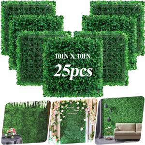 25 Pack Artificial Grass Wall 10x10" UV Resistant Faux Panels for Outdoor | Greenery Backdrop Privacy Fence Cover 17.36 Sq.Ft Fake Green Wall for Garden Wedding Party Decor Boxwood Hedge Panels