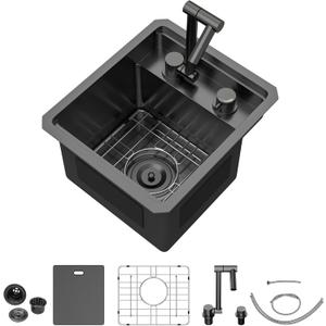 Rv Kitchen Sink - 13 x 15 Inch Undermount Bar Sink Gunmetal Black NANO-PVD 16 Gauge 304 Stainless Steel Single Bowl Rv Hidden Kitchen Sinks Basin with Faucet Space-Saving #TLRV-0006