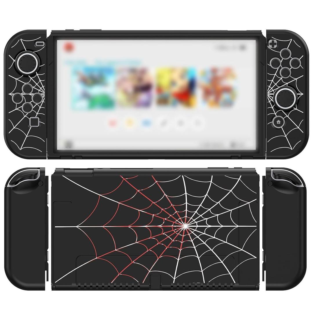 JINGDU Protective Case Compatible with Nintendo Switch OLED 2021, TPU Case Accessory for Nintendo Switch Console and Grip Joy-Con, Switch Protector with 4 Thumb Grips, Black Spider Web