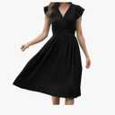 Women's V-Neck Pleated Dress Adjustable Elastic Waistband Back Tie Casual Office Date Dress. Size M