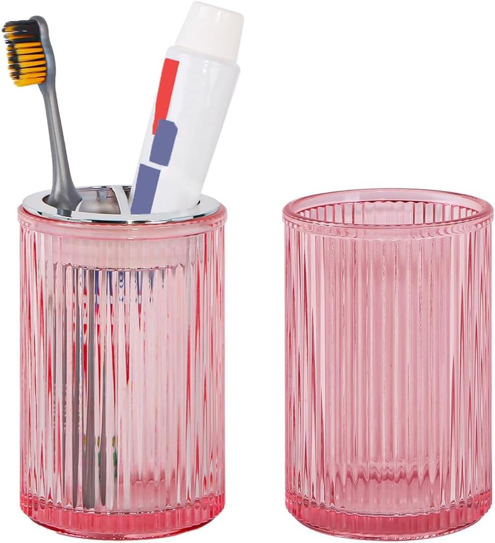Pink Toothbrush Holders for Bathrooms, 2pcs Glass Toothbrush Holder and 12oz Bathroom Tumbler Cup Set, Silver Tooth Brush and Toothpaste Organizer for Bathroom Vanity Countertop