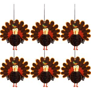Outus Thanksgiving Hanging Paper Turkey Honeycomb Tissue Turkey Honeycomb Centerpiece for Thanksgiving Day Table Decorating Kit Party Supplies (6) Brown