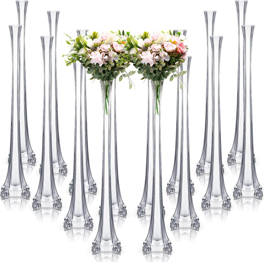Inbagi 16 pcs Eiffel Tower Vase Bulk for Centerpieces 20 Inch Clear Tall Skinny Vases Long Glass Flower Stand Floral Container for Wedding Flower Arrangement Living Room Home Table Decorations