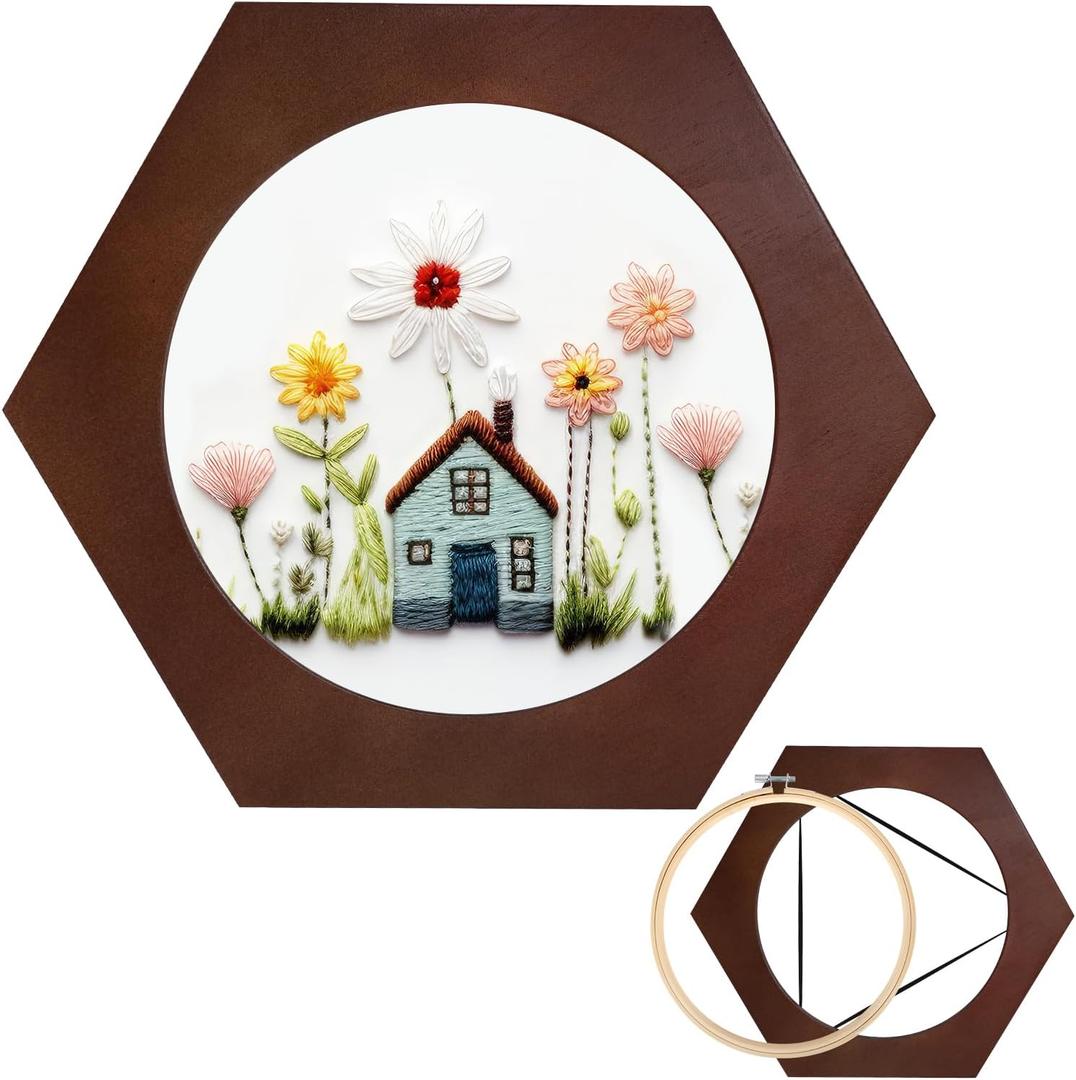 XEmbro 8 Inch Wood Embroidery Hoop Frame, Hexagon Wood Embroidery Display Frame with 8 Inch Embroidery Hoop for Finished Cross Stitch Hoop Frame, DIY Craft Projects and Decoration Ornaments