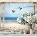 Vintage Ocean View Window Canvas Wall Art, High-Resolution Print with Fresh Blue and White Hydrangeas and Butterflies, Rustic Style Decor for Bathroom, Bedroom, Office Framed 24"x32"